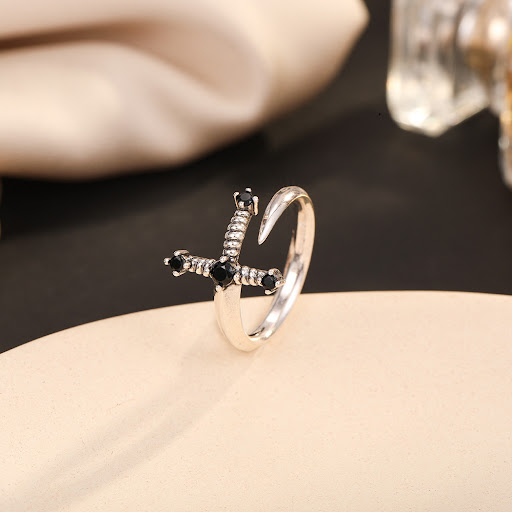 Title 4, Personalised Minimalist Black CZ Sword Ring Jew...