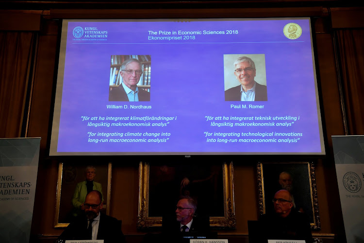 Per Stromberg, Goran K. Hansson and Per Krusell announce the laureates of the Nobel Prize in Economics at the The Royal Swedish Academy of Sciences in Stockholm, Sweden on October 8 2018. The prize is divided between Americans William D. Nordhaus and Paul M. Romer.