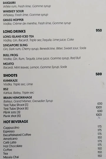 The Roof Top Lounge menu 