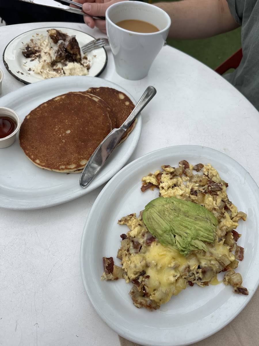 Bacon egg scramble and paleo pancakes - both delicious!