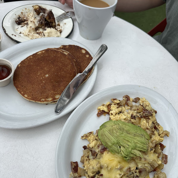 Bacon egg scramble and paleo pancakes - both delicious!