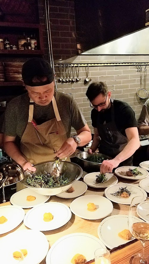 Langbaan PDX Chefs Who Inspire Dinner with Justin Woodward, First course of Dungeness crab, mussel jus, leeks, blank trumpet mushroom