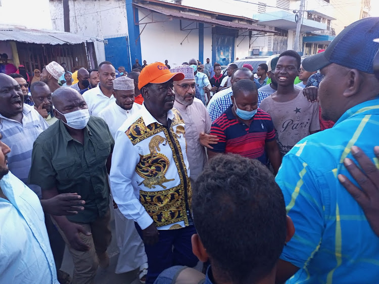 Raila Odinga arrives at Mvita MP Abdulswamad Nassir's family home at Seven Up on Monday.