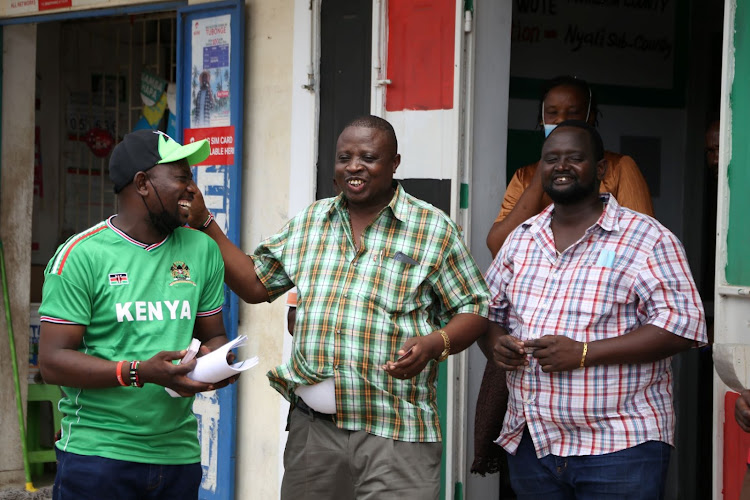 Usaw Kwa Wote national logistics officer Mwangi Kifeeti, Coast regional chair Francis Kamau and Mombasa coordinator David "Maasai' Munyinyi at the party's Nyali office in Mombasa on Tuesday.