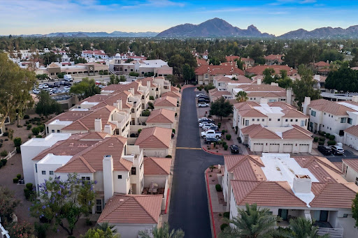 Aerial view residential complex tiled roofs - Luxury house for sale in Scottsdale, 2 bedrooms