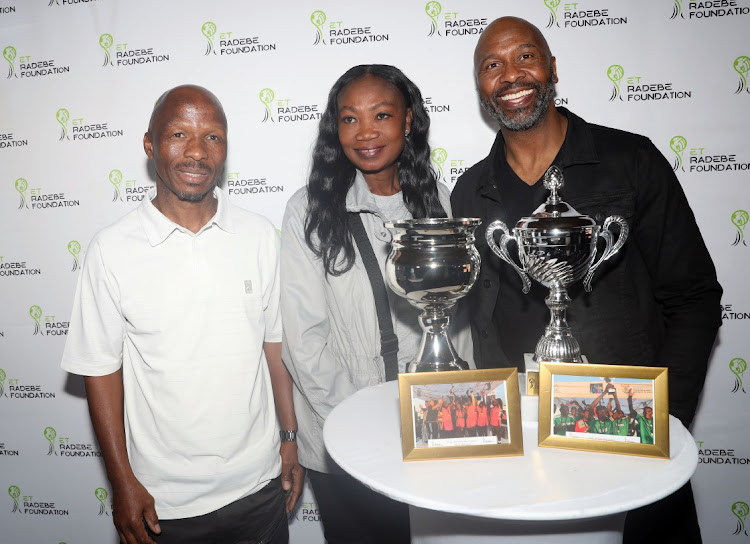 Moroka Swallows legend Steve Sekano, former Proteas netball star Manzo Machoga and Bafana Bafana and Kaizer Chiefs legend Lucas Radebe at the official launch of the 6th edition of the ET Radebe High Schools Tournament in Soweto.