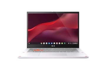 Vista superior de un ASUS Chromebook Vibe CX34 Flip abierto que muestra la pantalla de inicio.