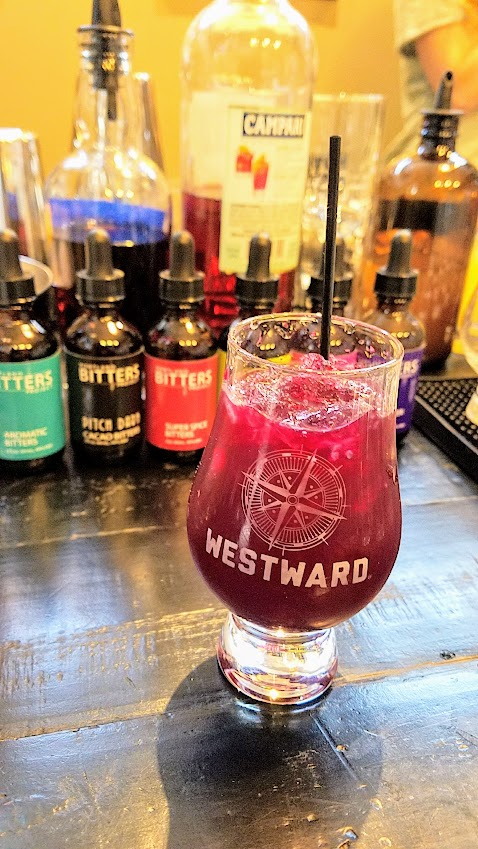 House Spirits Distillery offers tastings of their liquors but also their cocktails in a cocktail flight or individually, like this Aqua-Beet cocktail, with Krogstod Festlig Aquavit with Pok Pok Som Black Pepper Drinking Vinegar, Beet, Lemon