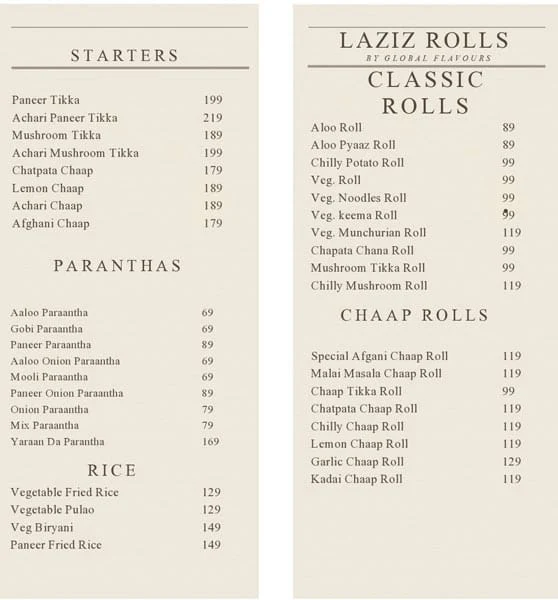 Laziz Rolls menu 