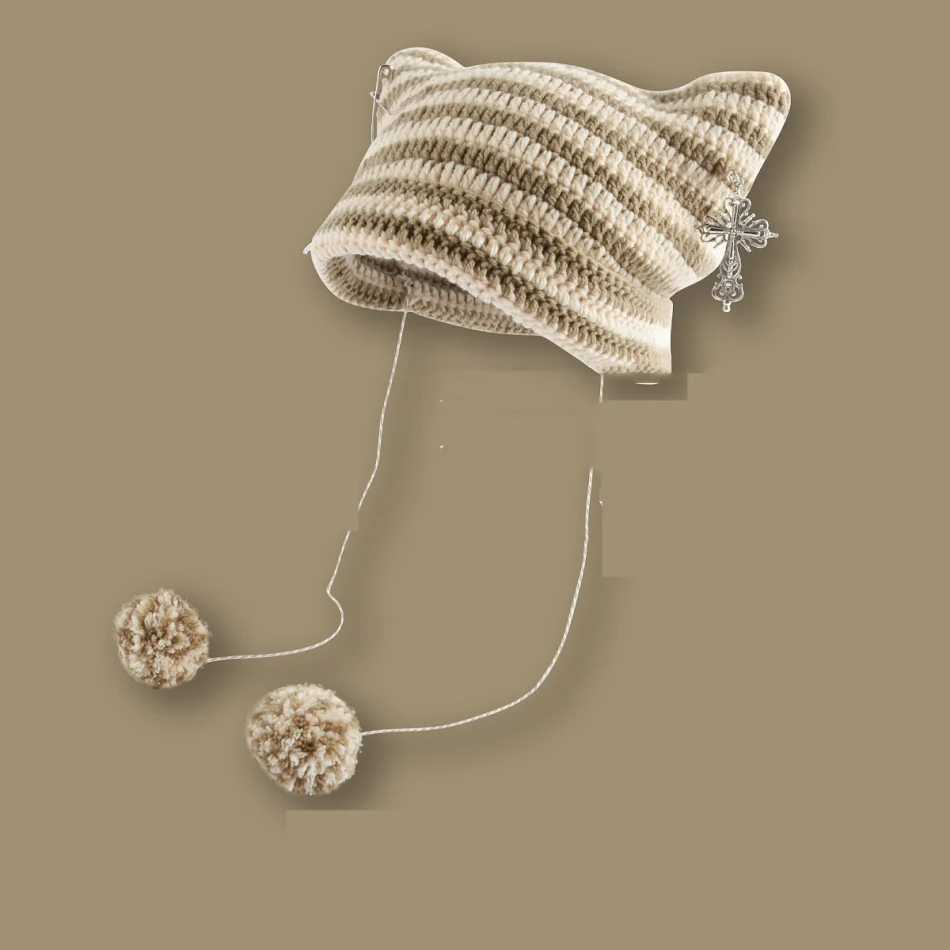 Bonnet en laine tricotée à rayures Ins Little Devil pour femme. Accessoire d'hiver chaud et tendance. Protège du froid et ajoute du style