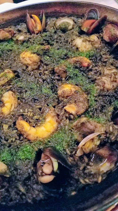 Can Font paella - Arròs Negre, with Squid Ink, Fish of the Day (Oregon Rockfish during my visit), Clams, Mussels, Shrimp, Picada, and Garlic Aioli