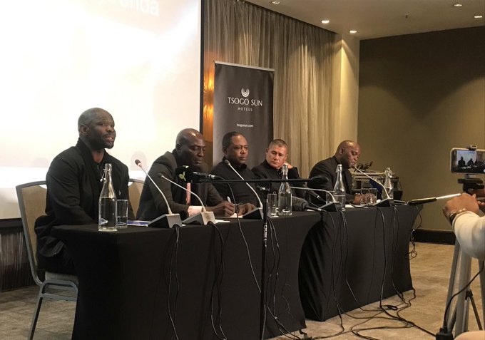 From left to right: Golden Arrows coach Steve Komphela, Baroka FC boss Wedson Nyirenda, former Football Association of Zamiba president Kalusha Bwalya, AmaZulu coach Cavin Johnson and Mamelodi Sundowns boss Pitso Mosimane.