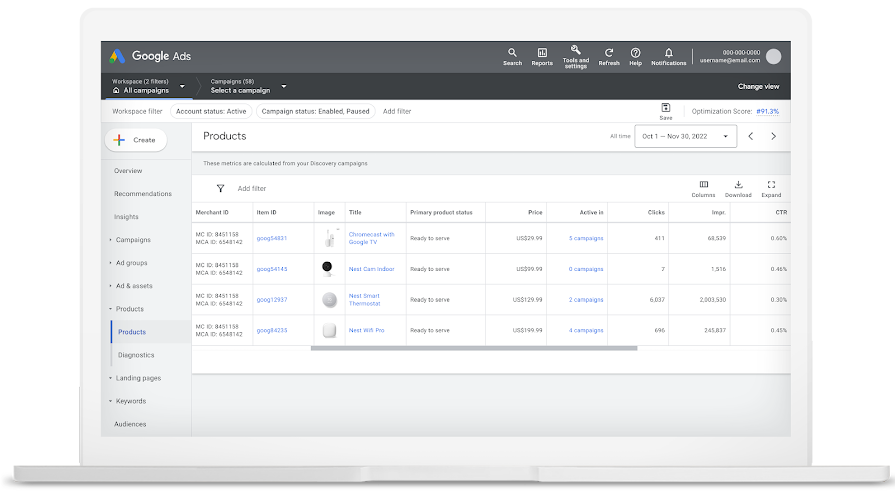 A UI screenshot of Product level reporting within Google Ads