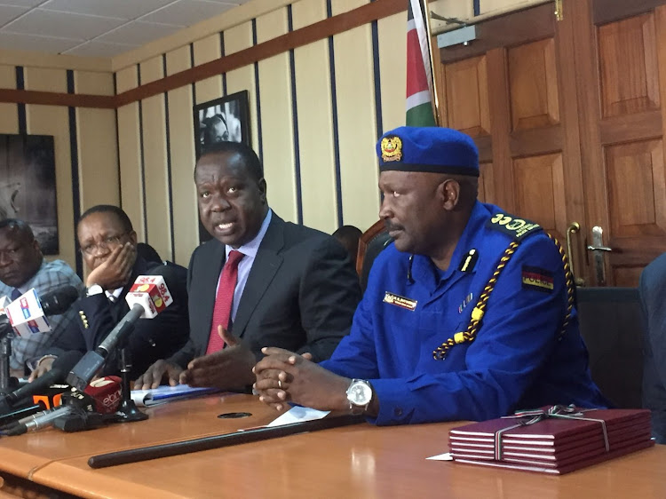 Interior Cabinet Secretary Fred Matiang'i addressing the media before he received the final report on the recently concluded vetting of all civilian gun holders by the Firearms Licensing Board on June 28, 2019 at Harambee House