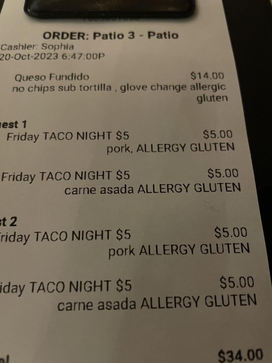 Receipt with Gluten Allergy marked