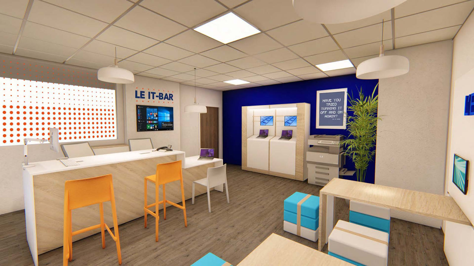 Espace Kiosque IT - Concept comptoir et mobiliers pour support utilisateur