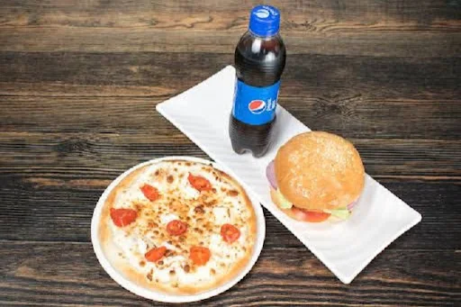 Veg Pizza [Medium 6 Slice]+ Veg Burger+ Cold Drink 250Ml