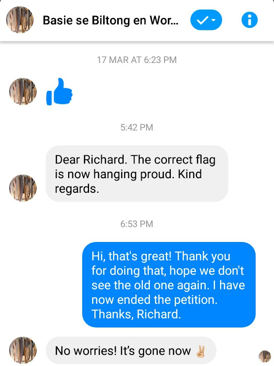 The owner of the Biltong and Wors Shop in Tawa, New Zealand, contacted lawyer Richard Stephen to inform him that the old SA flag had been removed from the shop's front window. Stephen had created a petition to have the flag removed. The owner messaged him via Facebook Messenger on Friday.