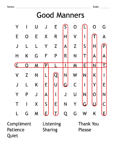 a word search with large type about Good Manner