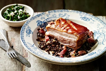 Pork belly with lentils and black cabbage salsa 