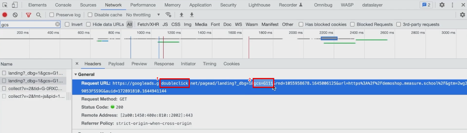 Navigating the GCS G111 parameter for a cookie from the Network section of the developer tools