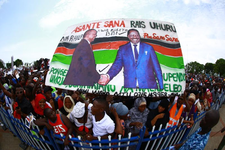 Supporters shout during speeches at BBI rally in Mombasa.