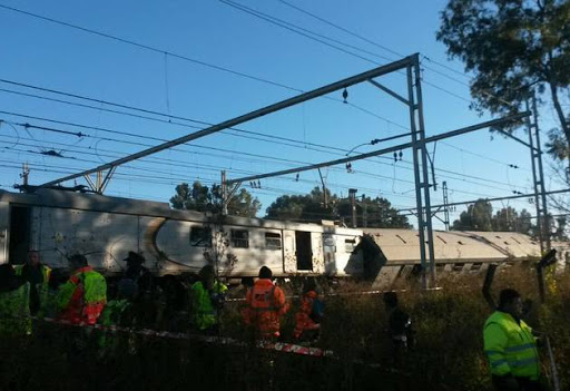 ER24 paramedics‚ along with several other services‚ arrived on the scene and found numerous carriages of the trains leaning to their sides.