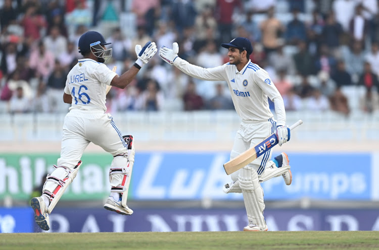 India batsmen Shubman Gill (right) and Dhruv Jurel celebrate the winning runs on day four of the fourth Test agianst England at JSCA International Stadium Complex in Ranchi, India on Monday.