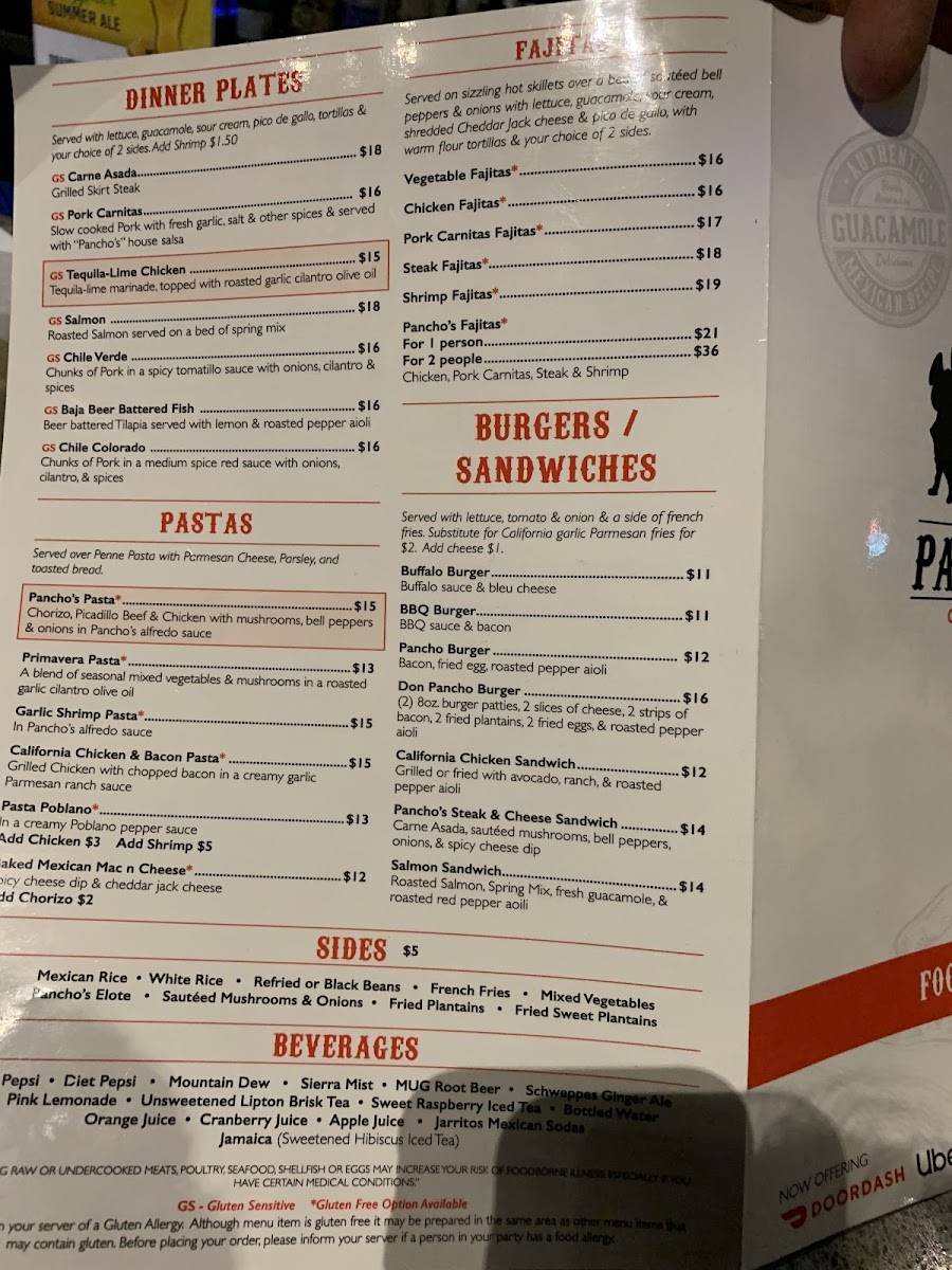 Panchos Cantina gluten-free menu