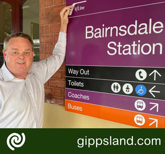 Member for Gippsland East, Tim Bull, at the Bairnsdale Station announcing half priced V/Line fares for at least four years, under a Liberal and Nationals government