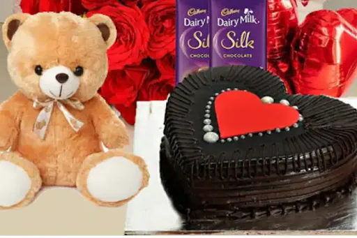 Chocolate Truffle Heart Shape Dewen Cake & 1 Teddy Bear [500 Gram]