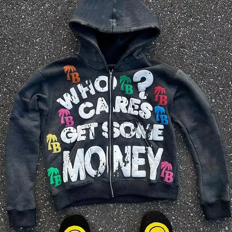 Sweat-shirt vintage à capuche, fermeture éclair et motif lettres américaines, ample, décontracté et confortable pour un look tendance et stylé.