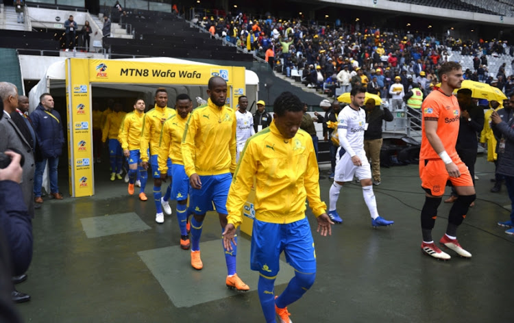 A view of Sundowns players prior the MTN8 semi final 1st Leg match between Cape Town City FC and Mamelodi Sundowns at Cape Town Stadium on August 25, 2018 in Cape Town, South Africa.