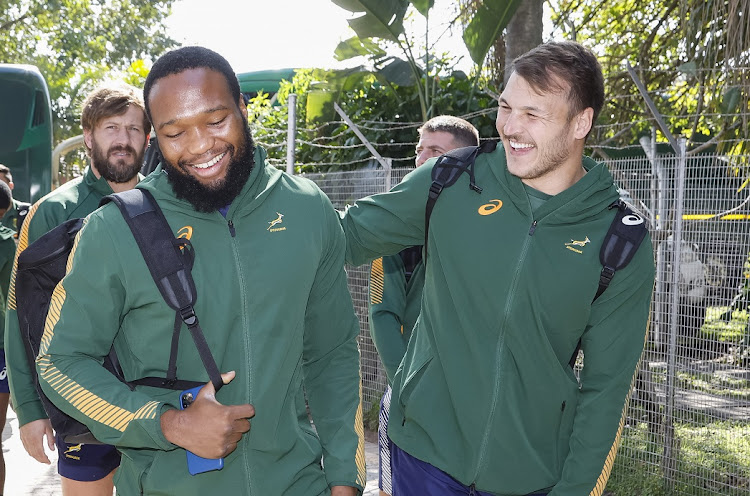 Lukhanyo Am and Andre Esterhuizen arrive for the Springboks training session at Numbi Primary School in Hazyview, Mpumalanga on July 27 2022.