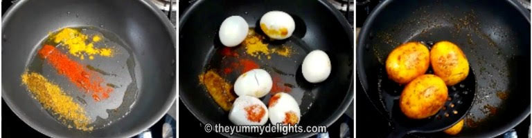 Frying the eggs in spices to make dhaba style egg curry