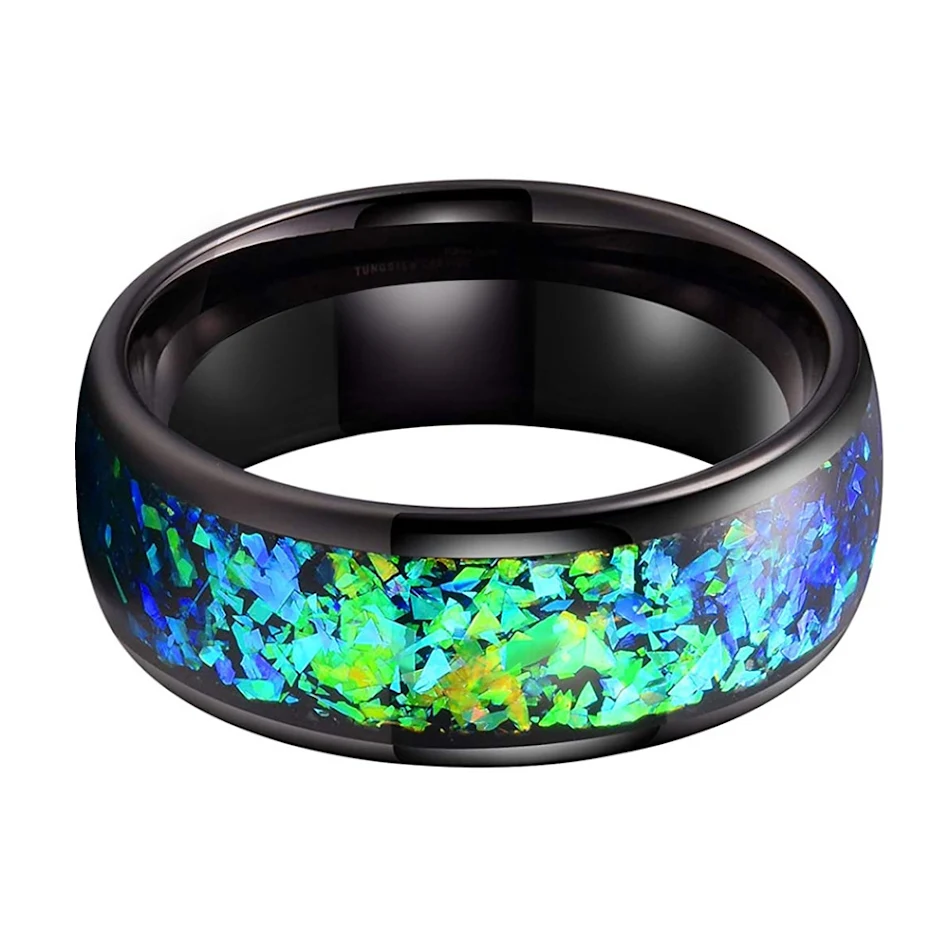 8mm Tungsten ring met blauw en groen ingelegde sierstenen. Duurzame en stijlvolle herenring. Perfect voor dagelijks gebruik en speciale gelegenheden.