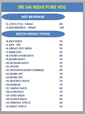 Sri Sai Nidhi menu 