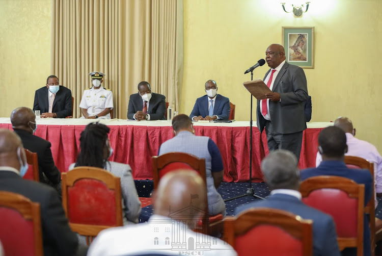 Kisii Governor John Nyagarama and other county leaders hosted by President Uhuru Kenyatta at State House on October 8, 2020.