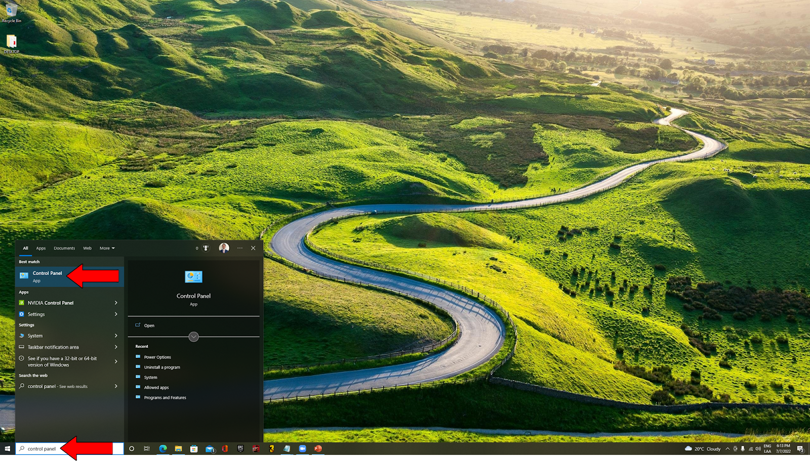 Open Control Panel Windows 10