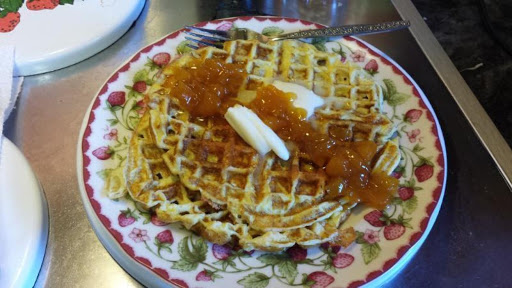 Omelet waffle topped with peach-pepper preserves. Great for brunch or lunch!