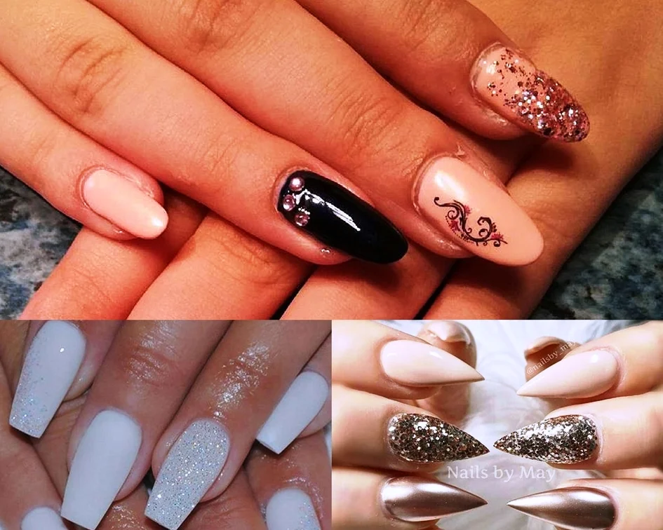 beauty collage with gorgeous, long nail designs decorated with glitter and rhinestones