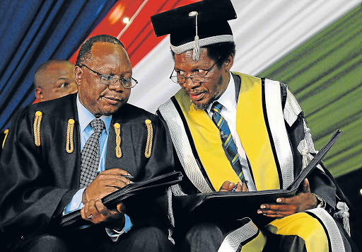 SHARING NOTES: Mninwa Johannes Mahlangu, left, chairman of the National Council of Provinces, with the Vice Chancellor of the University of Fort Hare, Mvuyo Tom Picture: SINO MAJANGAZA