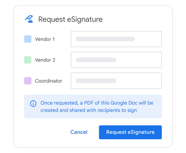 Stylized UI shows fields for requesting an eSignature from multiple parties.