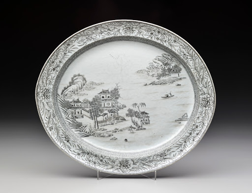 Large Oval Porcelain Dish, gray decoration