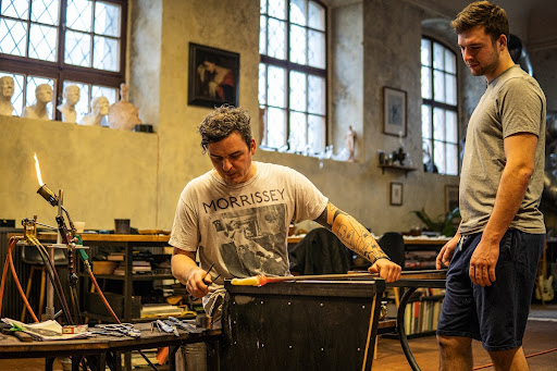 The glassmaker Martin Janecký at work in his workshop in a former Baroque stable in the centre of Prague