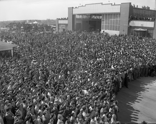 Crowd outside the Avro plant waiting for the start of the Avro CF-105 Arrow roll-out ceremony.