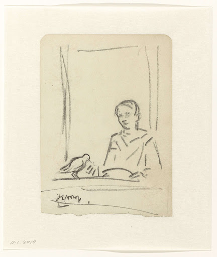 Meisje met vogel in het venster