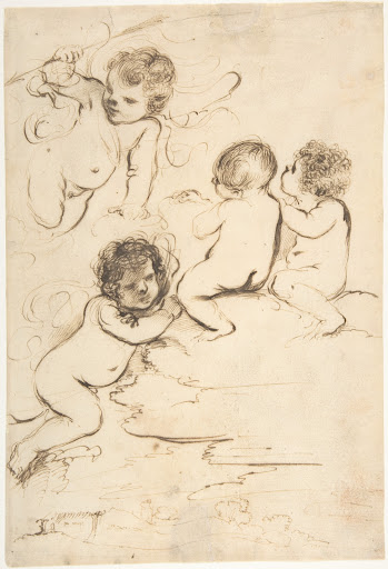 Four Putti with Bow and Arrows on Clouds above a Landscape with a Tower