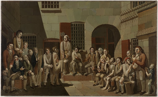 Scene inside Newgate Prison, Bristol, where the artist awaited transportation for forgery, 1812, oil painting by Francis Greenway.