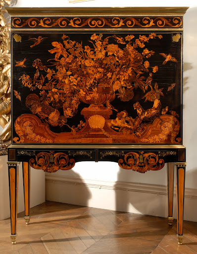 Marquetry panel, c1690 mounted in an English cabinet, c1780